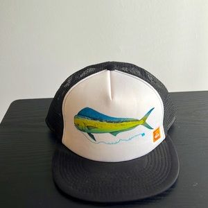 Quicksilver Trucker Hat with screen printed fish logo.